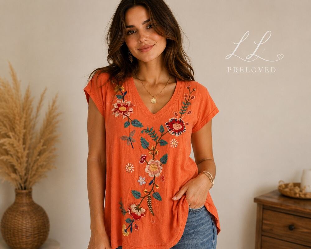 Johnny Was Los Angeles Embroidered Peacock Floral Tunic Top XS Orange